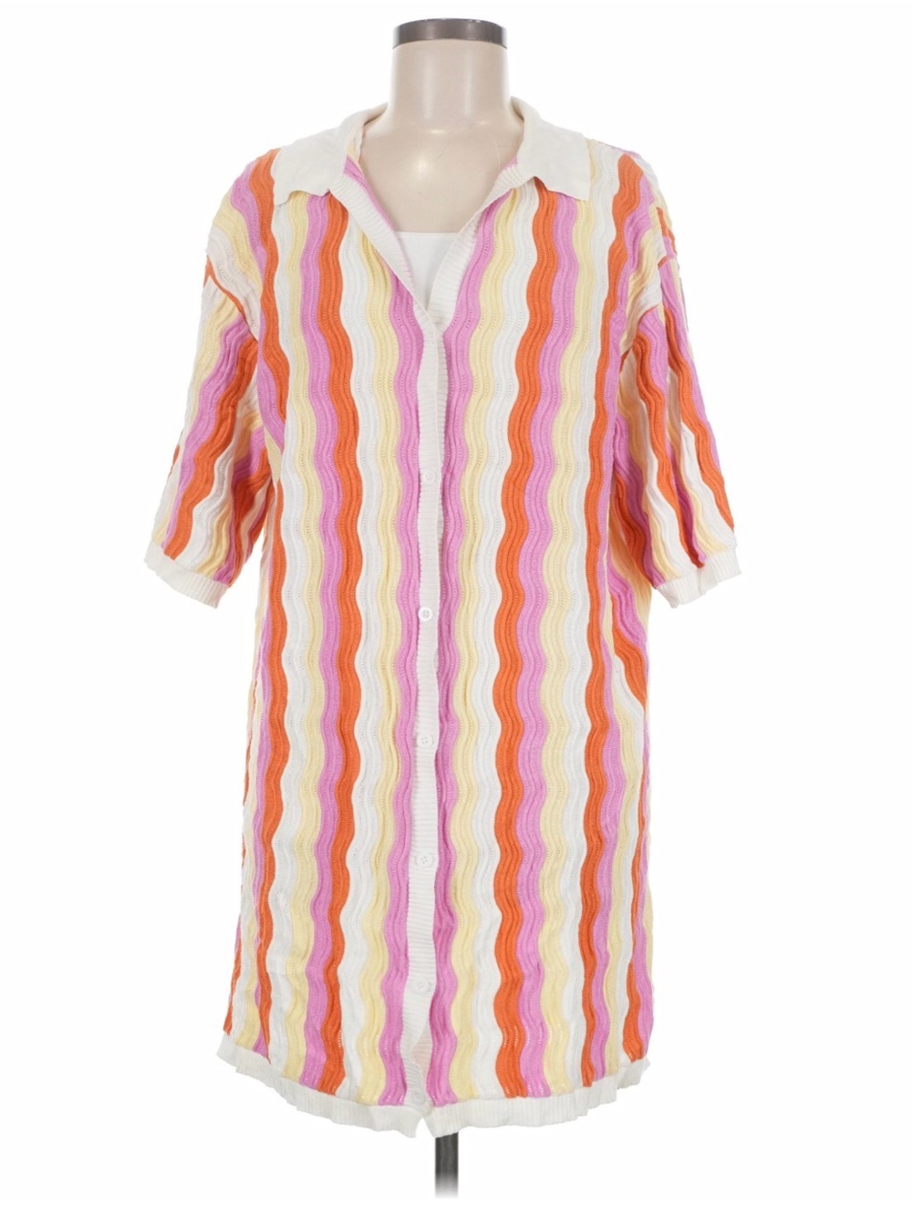 Women's. Yllw brand Wave-Stripe Button Front Dress - Pink, Orange & Cream s/m